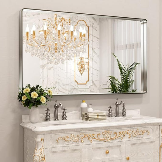 LOAAO 60X28 Inch Brushed Nickel Bathroom Mirror, Rounded Rectangle Silver Metal