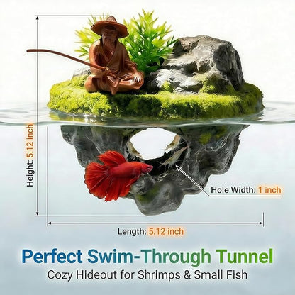 Aquarium Floating Island Decoration with Interactive Fish Feeding Hook,Fish Tank Decorations for Betta,Guppy & Shrimp,Safe ABS Material Floating Fish Tank Decorations,3D Old Man