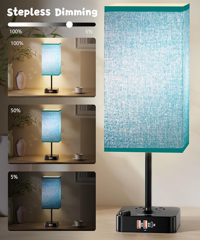 Bluetooth/WiFi RGB & USB Bedside Table Lamp with 3 USB Charging Ports 2 Outlets Power Strip, LED Light Bulb Dimmable, Music Sync Color Changing Light (RGB - Green Shade)