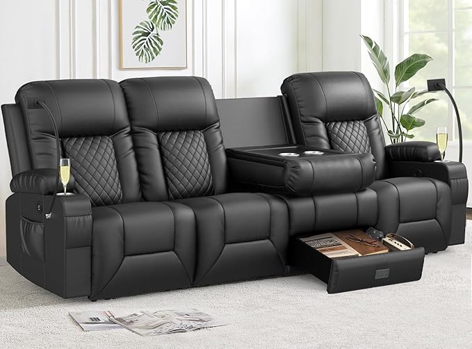 FURNIMAT Recliner Sofa, 4 Seater Dual Reclining Sofa with Flip Back Console, Modern PU Leather Recliner Couch for Living Room/RV, with Storage Drawer, USB Ports, Cup Holder, Cell Phone Holder, Black