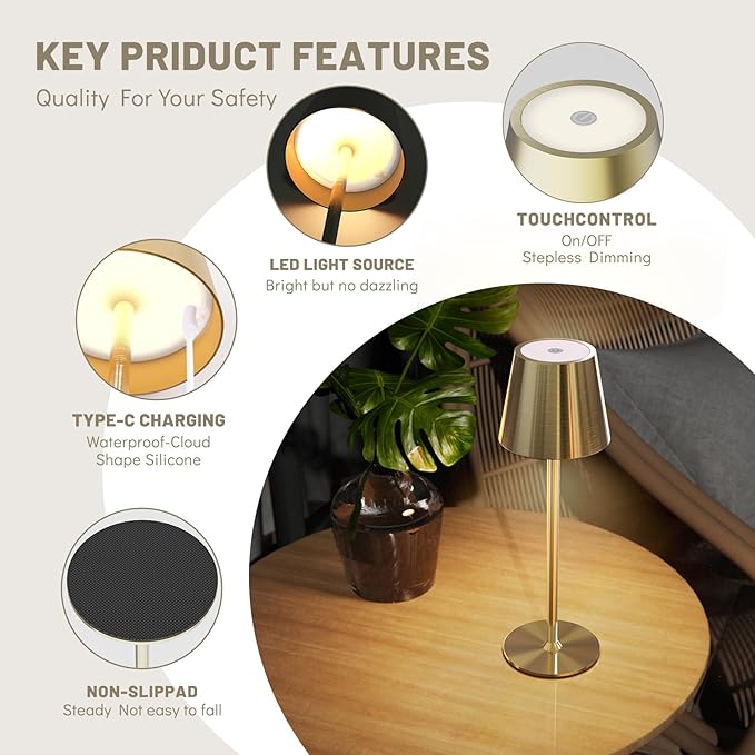 Maksone 2 Pack LED Cordless Table Lamp, 6600mWh Rechargeable Battery Desk Lamp, 3000K Stepless Dimming Night Light, IP54 Waterproof Metal Outdoor Portable Lamp for Camping, Restaurant (Gold)