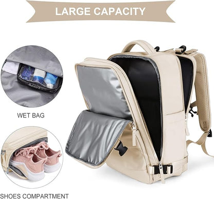 coowoz Large Casual Travel Backpack For Women Men,Carry On Rucksack Flight Approved,Hiking Waterproof Outdoor Sports Daypack Fit 15.6 Inch Laptop Shoes Compartment (Beige)