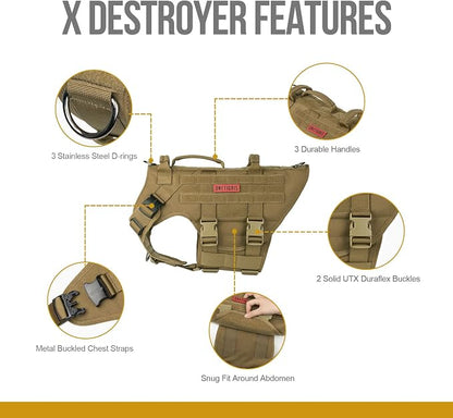 OneTigris Large Tactical Dog Harness, No Pulling Adjustable Dog Vest Harness, Heavy Duty Dog Harness with Handle, Large Hook and Loop Panels for Patch Brown