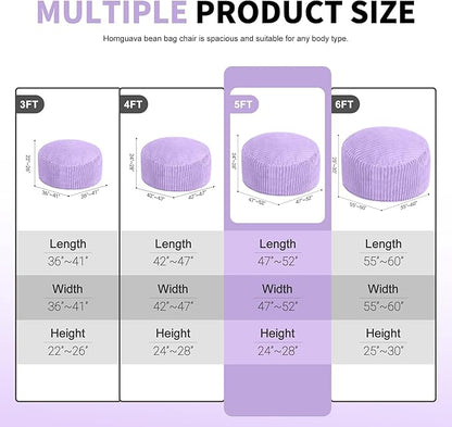 Homguava 5 FT Bean Bag Chair,5' Big Bean Bag,Giant Bean Bag Chairs for Adults with Memory Foam Filled,Comfy Large Beanbag Chairs Soft Bean Bag Sofa with Dutch Corded Plush Cover-Purple