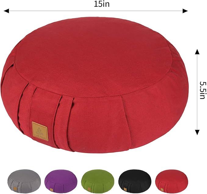 Round Zafu Meditation Cushion, D=15" H=5.5" Zabuton Meditation Pillow, Yoga Bolster/Pillow, Floor seat, Zippered Organic Cotton Cover, Natural Buckwheat, Kneeling Pillow