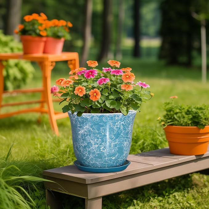 Ceramic Planter - 10 Inch Plant Pot for Indoor Outdoor, Large Round Flower Pots with Drainage Hole and Saucer, Modern Decorative Plant Pots, Garden House Decor, House Warming Gifts, Blue
