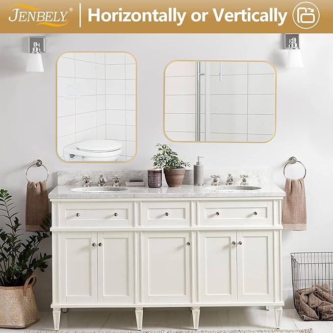 16x24 Inch Gold Bathroom Mirror, Brushed Brass Gold Metal Framed Rectangular