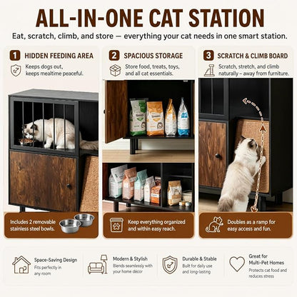 Dog Proof Cat Feeding Station with Storage Cabinet& 2 Stainless Steel Bowls, Elevated Cat Food Station with Scratching Board, Modern Wooden Cat House Furniture for Indoor Cats, Large Pet Cabinet
