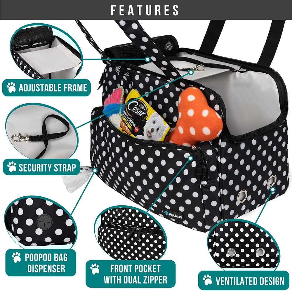 PetAmi Small Dog Purse Carrier, Soft-Sided Pet Carrier Bag with Pockets, Portable Puppy Cat Travel Handbag Tote, Airline Approved Breathable Mesh, Poop Bag Dispenser, Max 18 lbs, Polka Dot Black