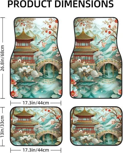 Artistic Fabric Car Floor Mats-Non-Slip Rubber Backing,Asian Palace,Front (26.8x17.3in) & Rear (13x17.3in) Set-Water Absorbing, Durable Automotive Floor Liners with Stylish Patterns