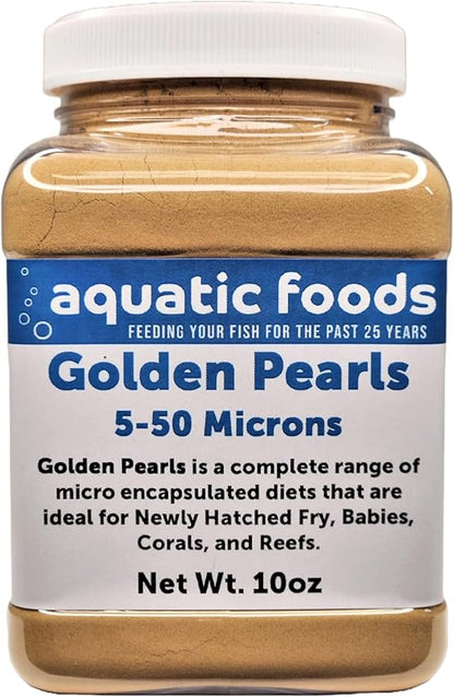 Aquatic Foods Inc. Golden Pearls 5-50 Microns, Powder for New Fry, Babies of Shrimp, Axolotls, Discus, Cichlids, Catfish, Tetras, Angel Fish, Guppies, Bettas, Goldfish, Corals, Reefs...10oz Small Jar