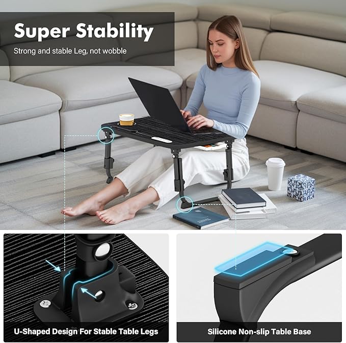 Lap Desk for Bed Adjustable Height, Foldable Bed Table with Storage Drawer, Tablet Slot & Cup Holder, Portable Laptop Stand for Bed & Sofa, Bed Desk for Adults & Kids, Black