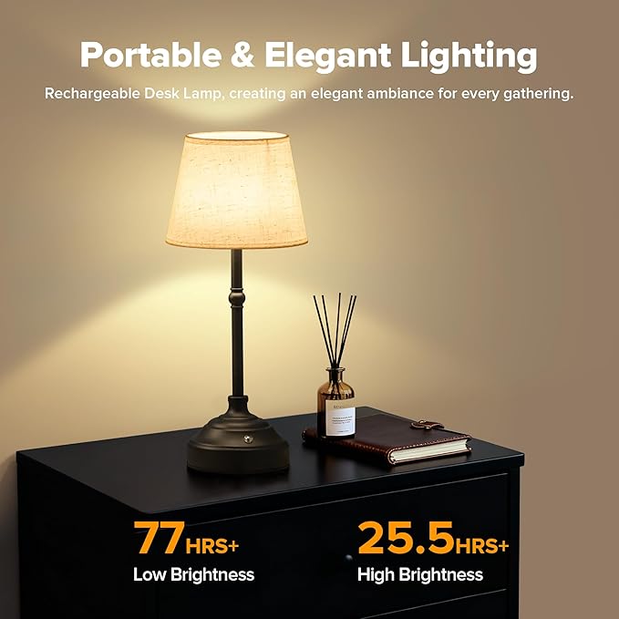 2 Pack Cordless Table Lamp, Rechargeable Desk Lamp with Fabric Shade, Battery Operated Lamp 3 Color Stepless Dimming, Small Touch Bedside Lamp Home Decor for Dining, Counter (Matte Black)