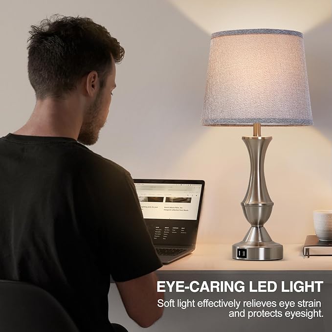 Touch Table Lamps Set of 2, 22" Tall Bedside Lamps, Nightstand Lamps with USB C+A Charging Ports, Dimmable Lamp for Bedrooms, Living Room, Office, Silver Lamp with Grey Lampshade, Bulbs Included