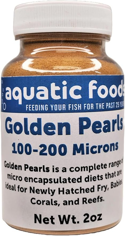 Aquatic Foods Inc. Golden Pearls 100-200 Micron Powder for Fry, Babies of Shrimp, Axolotls, Discus, Cichlids, Catfish, Tetras, Angel Fish, Guppies, Bettas, Goldfish, Corals, Reefs…2oz Bottle