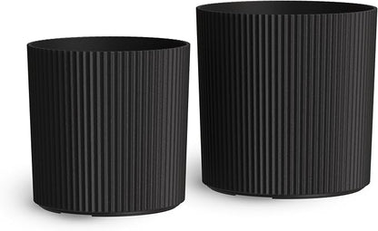 Mayne Haven Set of 2 (12in and 14in) Fluted Planter, Round Planters for Outdoor Plants, Lightweight Concrete Look Plant Pots for Porch, Patio, Garden and Entryway Décor, Black