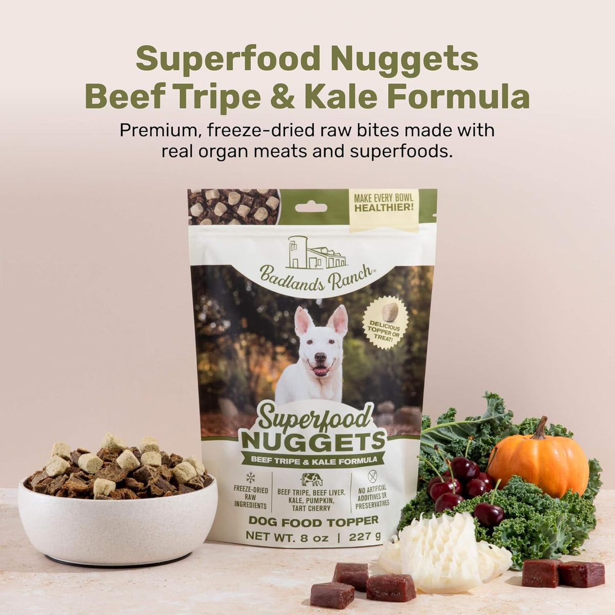 BADLANDS RANCH Superfood Nuggets- Premium, Freeze-Dried raw Dog Food Topper or Treat. Powerful Nutrient-Dense Ingredients. No Artificial additives. Beef Tripe and Kale Formula 8oz - 4pk Bundle