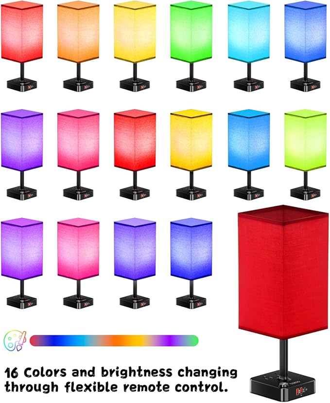 Bluetooth/WiFi RGB & USB Bedside Table Lamp with 3 USB Charging Ports 2 Outlets Power Strip, LED Light Bulb Dimmable, Music Sync Color Changing Light (RGB - Red Shade)