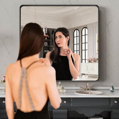 LOAAO 32X32 Inch Black Metal Framed Bathroom Mirror