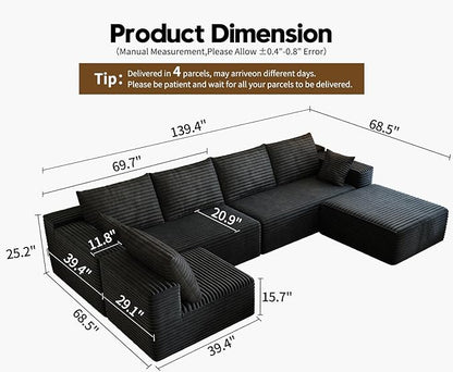 139.4" Modular Sectional Sofa, U-Shaped Minimalist Couches with Ottoman and Middle Seat, Modern Deep Seat Convertible Sleeper Sofa Bed, Reversible Chaise, Cloud Plush Corduroy Fabric,6 Seater, Black