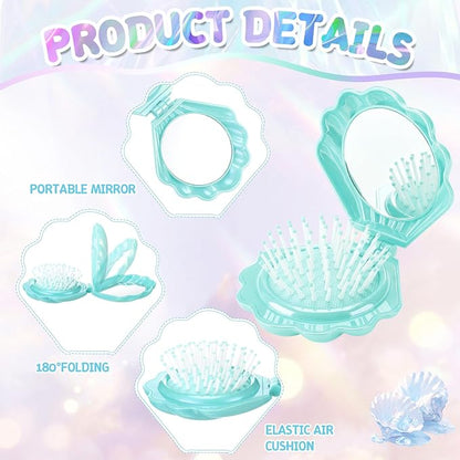LemonRoad 24 Sets Mermaid Party Favors Shell Hair Brush with Mirror Card, Foldable Mini Travel Compact Hair Brush for Women Birthday, Bachelorette, Under The Sea, Beach Party Gifts(Teal)