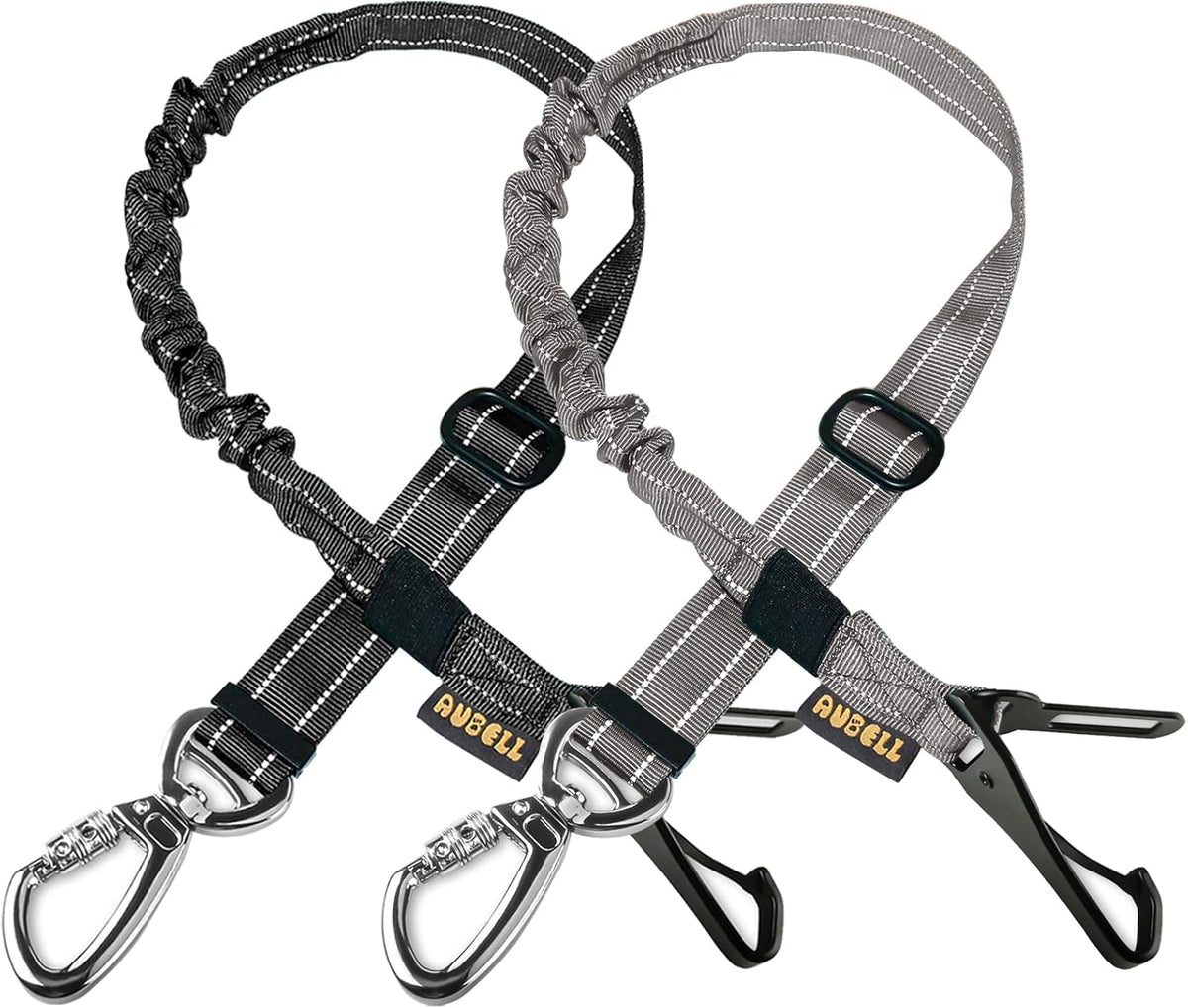 AUBELL Dog Seat Belt for Car,2 Pack Set 3-in-1 Adjustable Reflective Bungee Heavy Duty Dog Car Harness Tether with Clip Hook Latch & Buckle,Swivel Zinc Alloy Carabiner,Black+Grey