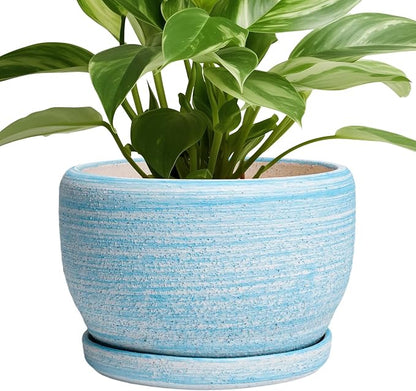 SQOWL Ceramic Planter - 8 inch Pot for Plants Indoor Outdoor, Modern Ceramic Flower Pot with Drainage Hole and Saucer, Decorative Round Planter, Home Office Decor, Plant Lovers Gifts, Blue