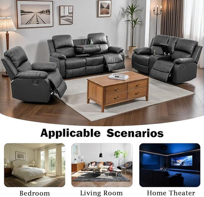 Caberryne Leather Recliner Sofa Set，Leather Reclining Couch for Living Room Furniture Sets，Black Recliner Couch with 5 Recliners for Living Room/Office/Theater Seating(Sofa Set 3 Pieces)