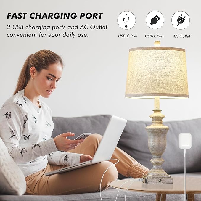 27.5" Set of 2 Farmhouse Table Lamps for Bedroom, 3 Way Dimmable Bedside Lamp with 2 USB +AC Outlet Nightstand Lamps for Living Room Resin Rustic Touch Lamps (Antique Gray)