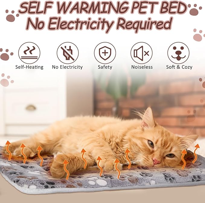 VitalCozy 2 Pack Self Warming Cat Mat Self Heating Pad Bed Reversible Machine Washable Reflects Body Heat Warm Thermal Pet Pad Crate Blanket for Feral and Indoor Cat(Black,22'' X 18'',Dog Paw)