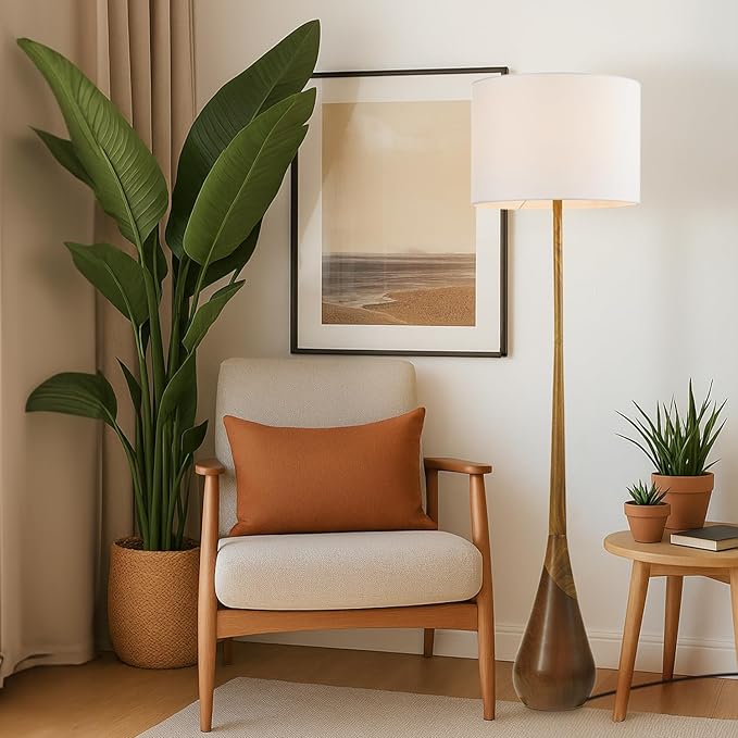 Globe Electric Novogratz x Globe Harrington 65" Floor Lamp, 2-Tone Faux Wood Base, White Fabric Shade, Socket Rotary Switch 67225
