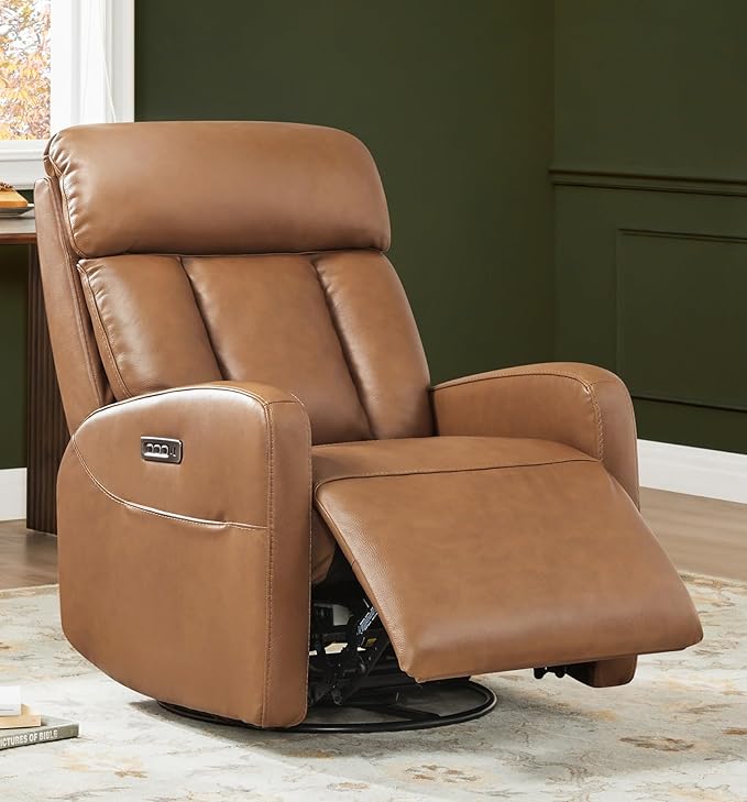 CHITA Leather Power Swivel Recliner Chair for Adults, Triple Motor Electric Rocker Recliner for Living Room with Adjustable Headrest and Lumbar Support, USB & Type-C Charging Ports, Saddle Brown