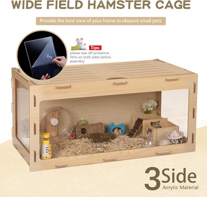 COZIWOW Wooden Hamster Cage Chewproof, Bigger World - 32" Large Hamster Cages and Habitats, Openable Top & 3 Side Acrylic Sheets, Small Animal Cage Pet House for Syrian Dwarf Guinea Pig Chinchilla