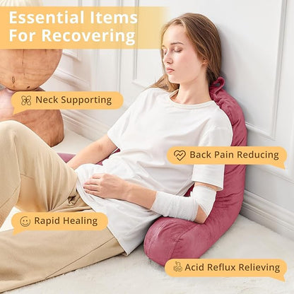 Sasttie Reading Pillow, Velvet Back Pillow for Bed Sitting Up, Adult Back-Rest Support Cushion with Arms for Sit Up on Couch, Sofa, and Floor, Dorm Essentials, Reading Accessories, Rose Pink
