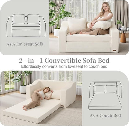 MeMoreCool Convertible Sofa Bed, Pull Out Loveseat Sofa Sleeper Couch for Bedroom Living Room Lounge, 2 in 1 Small Couch Bed with Pillow, Foldable Love Seat Futon Corduroy Beige