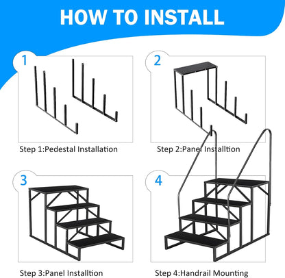 RV Step Stool, 4 Step Ladder, Hot Tub Steps with Handrail, Portable Pool Ladder, 660Lbs Heavy Duty Ladder Shelf Outdoor Mobile Home Stairs for Camper/Porch/SPA Pool/Pet Stairs(2 handrails)