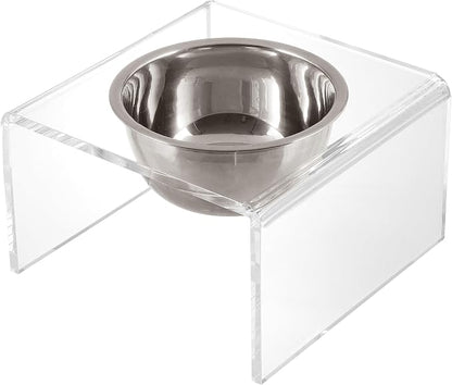 DBL2002A Keaton 5" Small/Medium Modern Acrylic Rectangular Elevated Pet Feeder with 20oz 1-Stainless Steel Bowl, Clear/Chrome