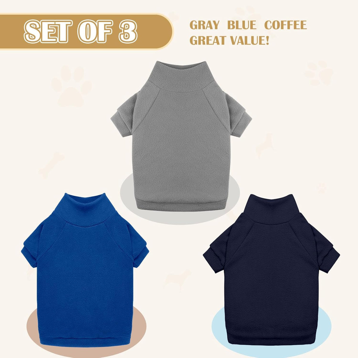 3 Pack Dog Sweaters for Small Dogs, Fleece Dog Sweater Pet Clothes Turtleneck Soft Warm Sweatshirt Puppy Sweater Boy Girl Pet(Gray+Royal Blue+Navy,S)