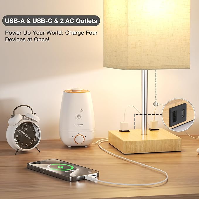 aooshine Wood Grain Small Table Lamp for Bedroom - 3 Color Temperature 3000K 5000K 4000K Bedside Lamp, Pull Chain Control, USB A and C Ports, Bulb Included