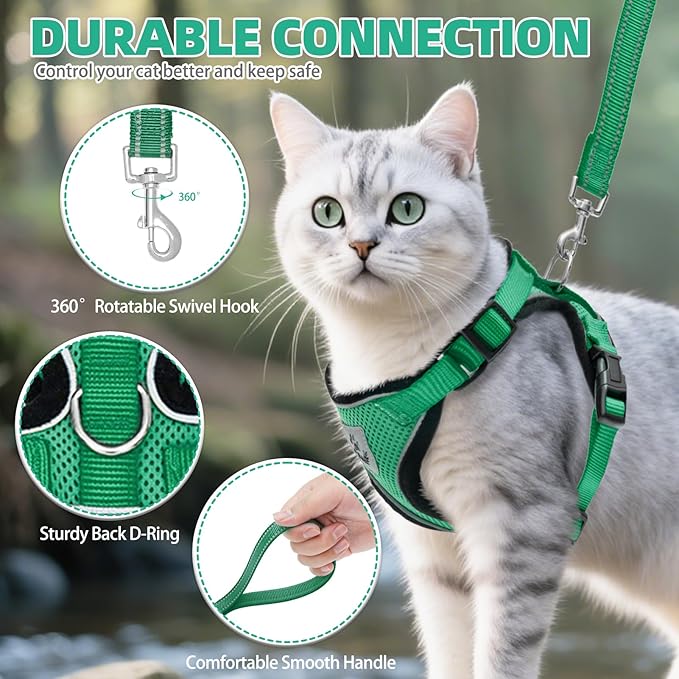 PUPTECK Cat Harness and Leash Set Escape Proof Reflective Cat Walking Harness Adjustable Soft Breathable Mesh Vest for Small Pets, Dark Green, S