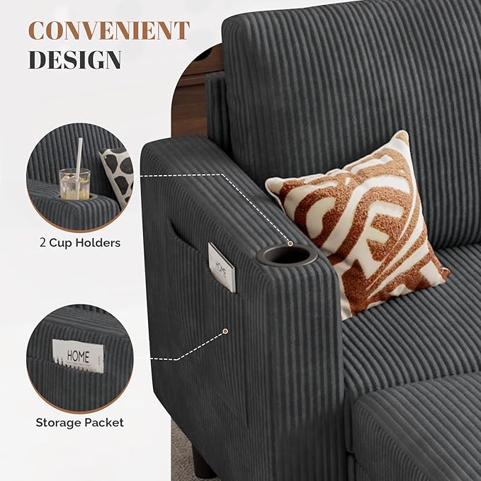 Upholstered Sectional Sofa and Couches, 78'' L Shaped 3-seat Sofa for Living Room, Apartment, Lounge,Bedroom-Washable Covers Convertible Sofas(Corduroy, Dark Gary)