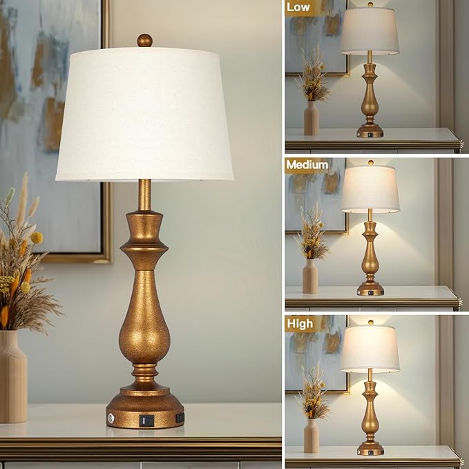 Retro Gold Table Lamps Set of 2 for Living Room,30" Tall Bedside Lamp with USB Charging Port,3-Way Dimmable Touch Nightstand Lamp for Bedroom Desk Side Table Office,Copper Gold