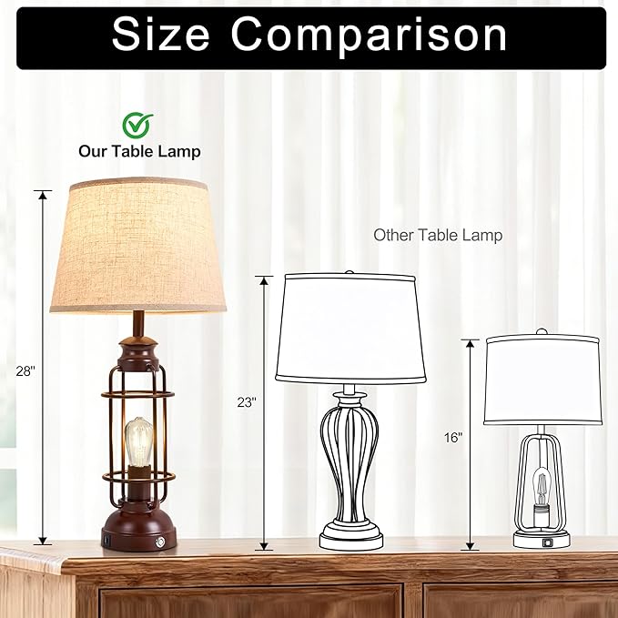 28" Table Lamps for Living Room Set of 2,3 Way Dimmable Touch Lamps with USB A+C Ports,Farmhouse Table Lamps for Bedroom,Industrial Lamp for Living Room End Tables,4 Bulbs Included