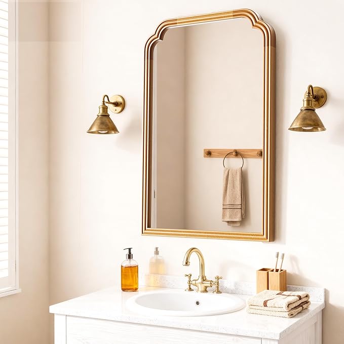 Wood Frame Wall Mirror for Bathroom, Rounded Corner Arch Rectangle Mirror for