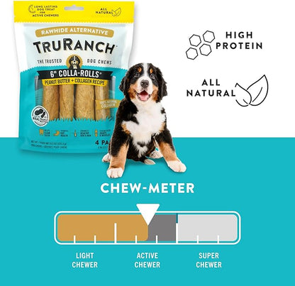 TRURANCH Collagen Rolls - 6" Collagen Rolls for Dogs - Long Lasting Healthy Joint Support Dog Treat - Rawhide Alternative - Skin & Coat Health - Made with Real Peanut Butter, 1 Bag, 4 Count