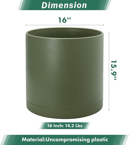 D'vine Dev 16 Inch Plastic Planter Pots for Plant Pot with Drainage Hole and Seamless Saucers, Olive, 74-X-I-5