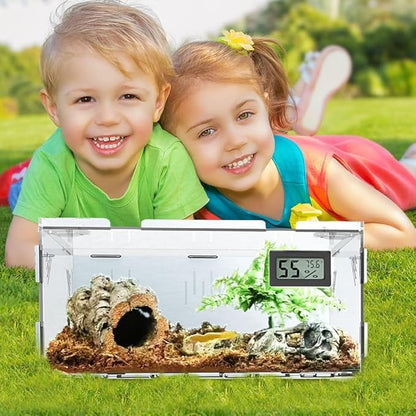 Acrylic Reptile Breeding Box Terrarium Cage Tank, 11.8"x7.9"x5.9", with Temperature Hygrometer, for Small Reptiles, Snakes, Insects, Home Office