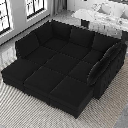 Belffin Modular Sectional Sofa Bed with Storage, 9-Seater Velvet Reversible Sleeper Couch for Living Room, Black