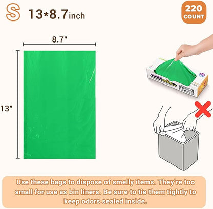 Odor-Sealing Dog Poop Bags S, 220 Count | Unscented & Durable Disposable Waste Bags for Pet Waste, Home & Travel Use (Green)
