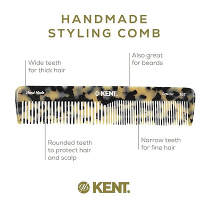 Kent 16T TW Fine Tooth and Wide Tooth Comb for Daily Grooming, Handmade Styling Comb for All Hair Types, Styling and Detangling Combs for Men and Women